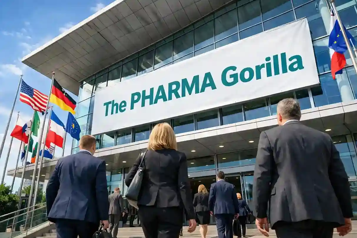 Attendees walking into the venue past a row of national flags and The Pharma Gorilla entrance banner